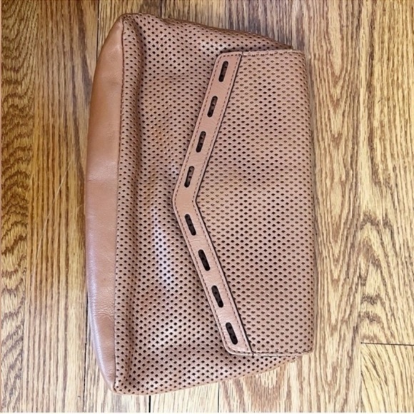 Rebecca Minkoff Perforated Leather Clutch Cognac Brown Magnetic Closure Purse - Picture 10 of 11